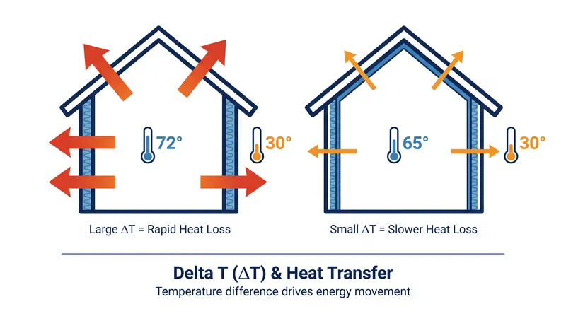 A smaller temperature difference between indoors and outdoors (Delta T) significantly slows the rate of heat loss.
