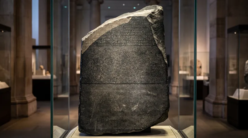A large, dark granodiorite stone slab covered in three distinct bands of carved ancient text.