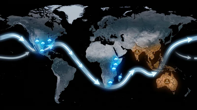 How the shifted Pacific jet stream alters global precipitation patterns during a Super El Niño.