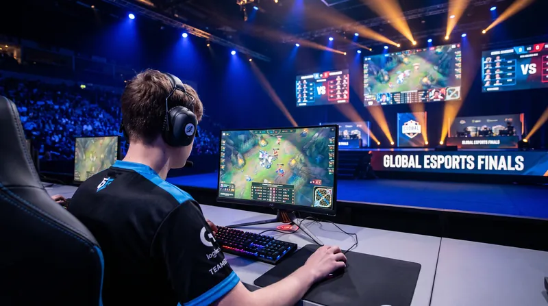 A young professional esports player sitting at a gaming setup on a brightly lit tournament stage.