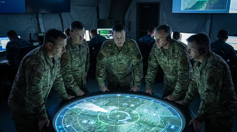 Military personnel in uniform standing around a digital map table in a dark operations center.