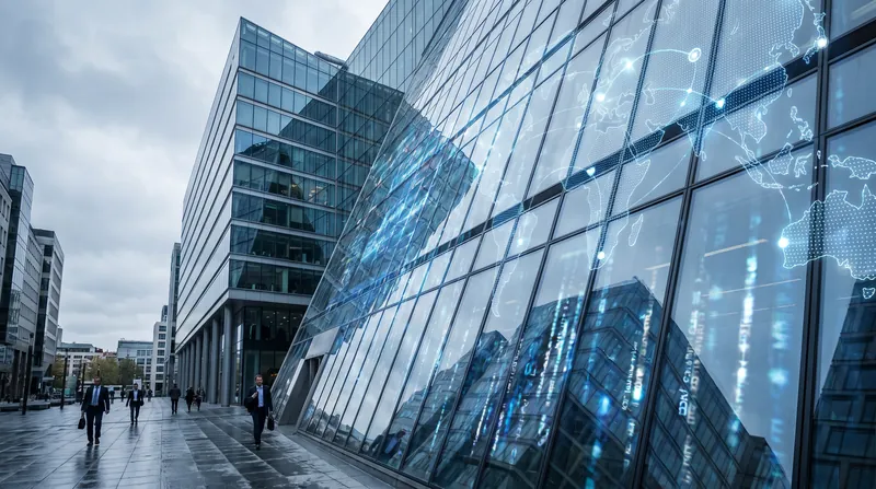 A modern glass corporate building reflecting a digital map of the world in blue tones.