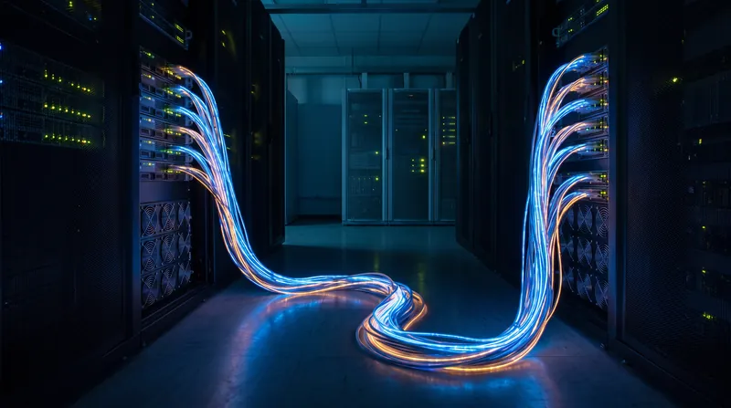 A row of illuminated server racks in a dark data center connected by glowing fiber optic cables.
