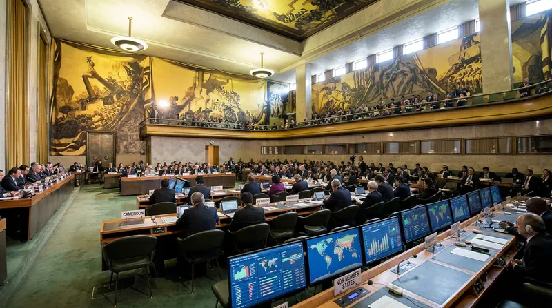 The empty assembly hall of the United Nations Palais des Nations in Geneva, Switzerland.