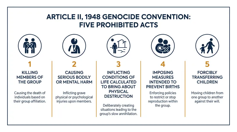 The five prohibited acts that can constitute genocide under international law.