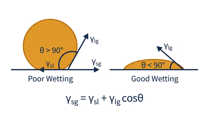 The contact angle serves as the primary visual indicator of whether the wetting condition has been met.