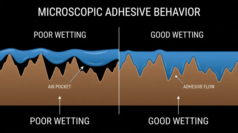 Mechanical interlocking fails if the adhesive cannot wet the surface enough to flow into microscopic valleys.
