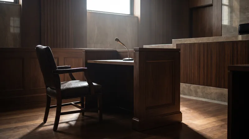 An empty wooden witness stand with a microphone in a modern federal courtroom illuminated by natural light.
