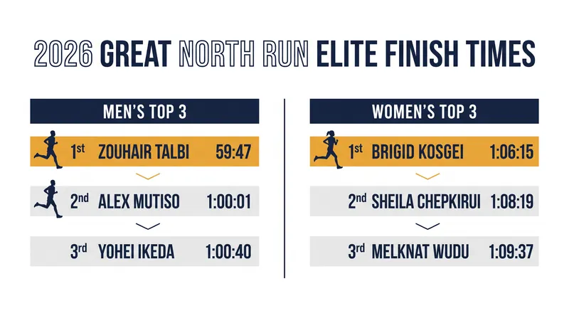Elite podium finish times for the 2026 Great North Run.