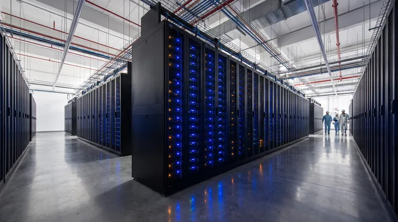 Endless rows of illuminated server racks inside a massive, modern hyperscale data center.