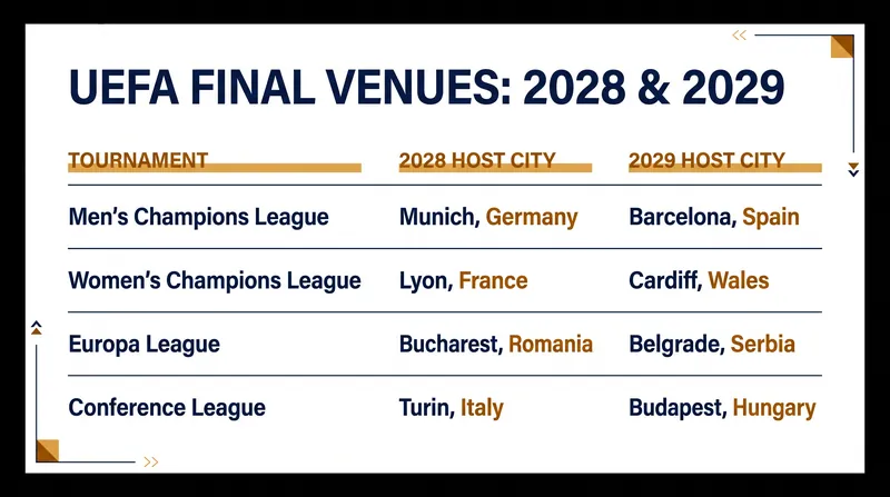 UEFA's confirmed host cities for the 2028 and 2029 European club finals.