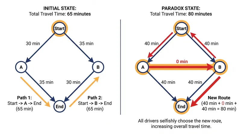 Braess's Paradox demonstrates how adding a faster shortcut can slow down the entire network.