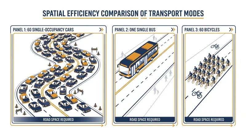 High-capacity transit moves more people per square meter without triggering the induced demand of car lanes.