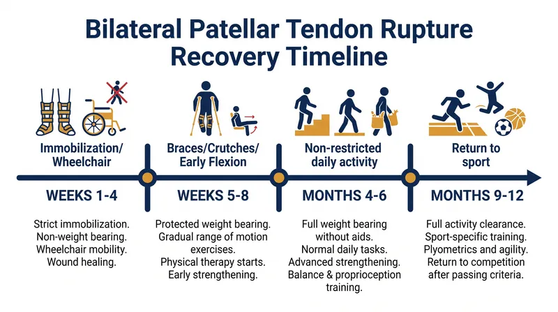 The clinical timeline for patellar tendon repair requires extreme patience during the early immobilization phase.