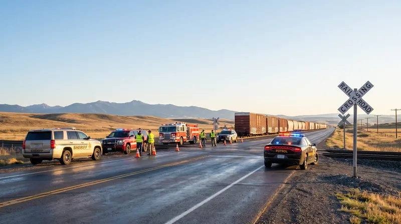 Emergency vehicles with flashing lights parked near stationary freight train cars on a rural Montana track.