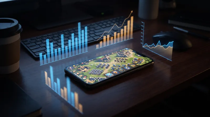 A glowing smartphone screen displaying a strategy game on a desk surrounded by holographic financial charts.