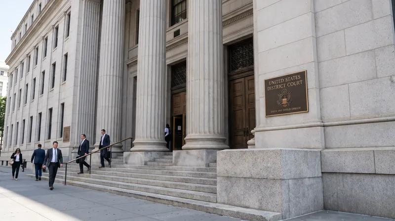 Exterior view of a United States federal courthouse featuring stone columns and wide steps.