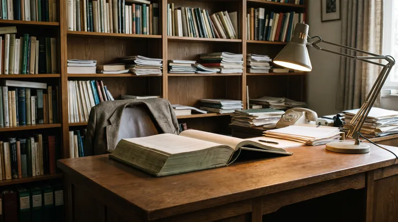 A thick green book titled A Theory of Justice sitting on a wooden desk in a dimly lit academic office.