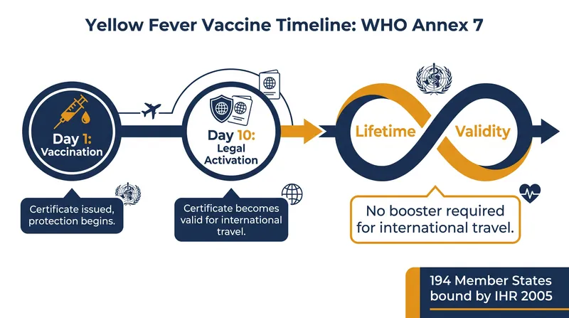 Under Annex 7, the legal utility of the vaccine is delayed by 10 days to allow for antibody development, after which it is valid for life.