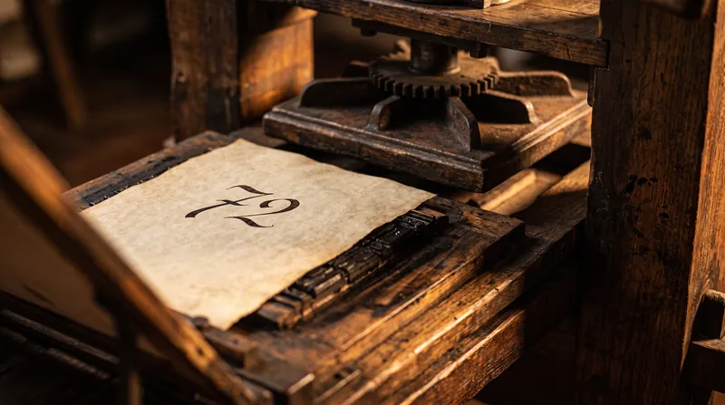 An antique Renaissance-era printing press with a piece of parchment displaying the number 72.