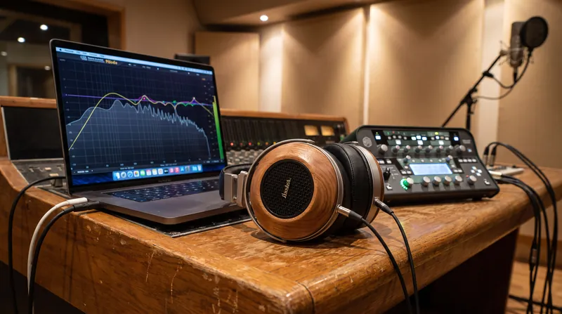 A pair of professional over-ear studio headphones resting on a wooden desk next to audio equipment.