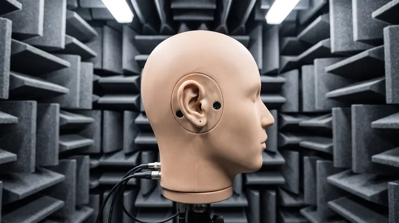 Acoustic measurement rigs use silicone ears and internal microphones to simulate how sound waves interact with the human ear canal.