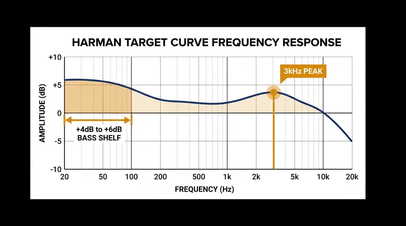 The Harman Target Curve introduces a specific bass shelf and upper-midrange peak to simulate the sound of a calibrated room.