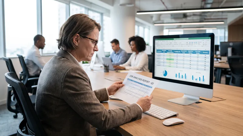 A human resources professional sits at a modern office desk reviewing a printed job analysis document.