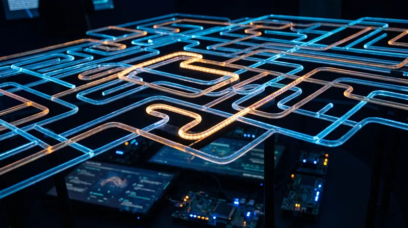 An abstract digital visualization showing a complex glowing maze representing computational algorithms and data processing.