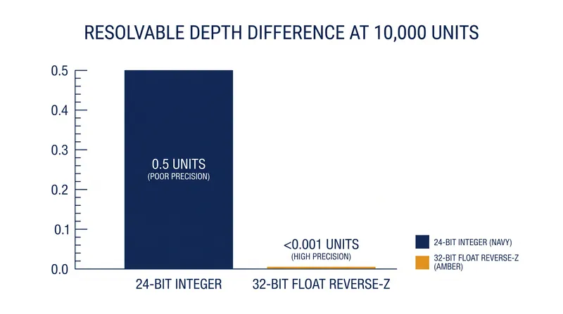 At extreme distances, a 32-bit floating-point Reverse-Z buffer is exponentially more precise than a standard 24-bit integer buffer.