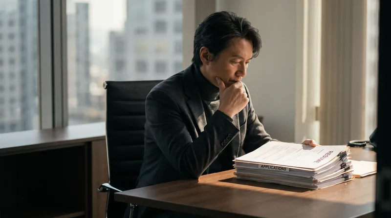A person sitting at a desk thoughtfully reviewing a stack of paper applications.