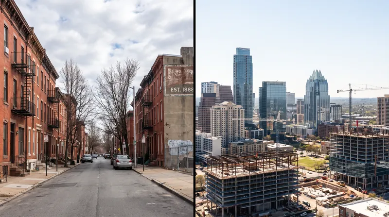 A split view showing historic brick rowhouses on one side and a modern city skyline with construction cranes on the other.