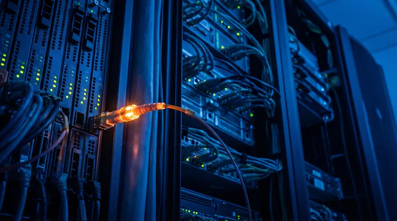 A glowing fiber optic cable drawing light from a large server rack, symbolizing data transfer.