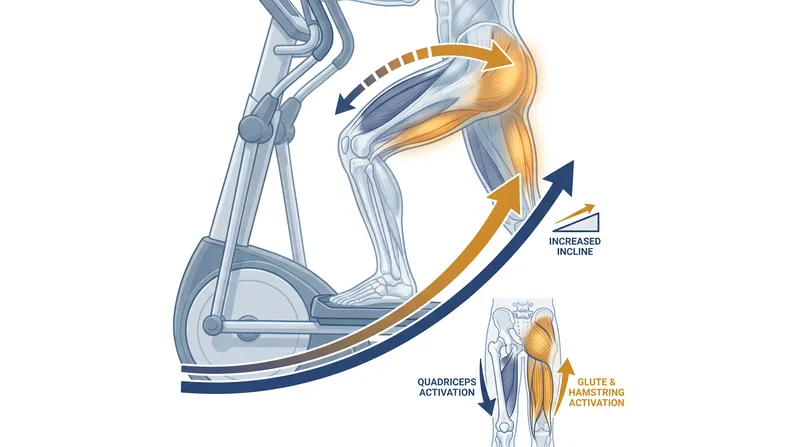 Elevating the elliptical's ramp incline shifts the mechanical load toward the posterior chain.