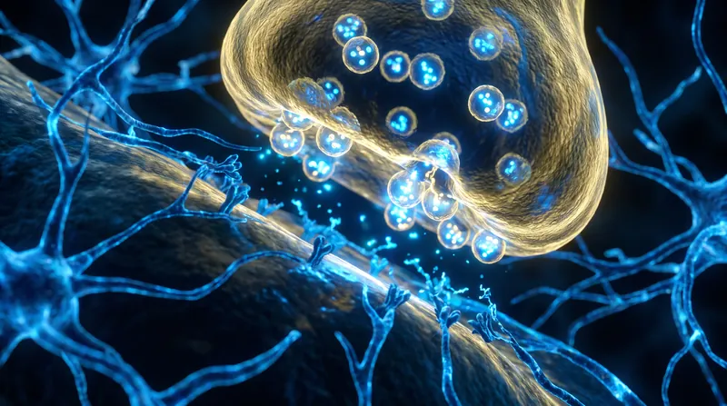 A microscopic view of glowing neurotransmitter vesicles docked at a neuronal synapse, waiting to fuse.