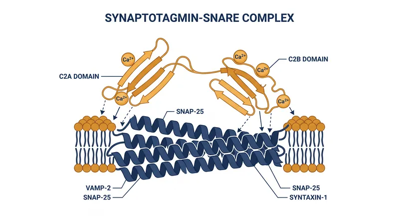 Synaptotagmin-1 binds five calcium ions across its C2A and C2B domains, triggering the release of the SNARE complex.