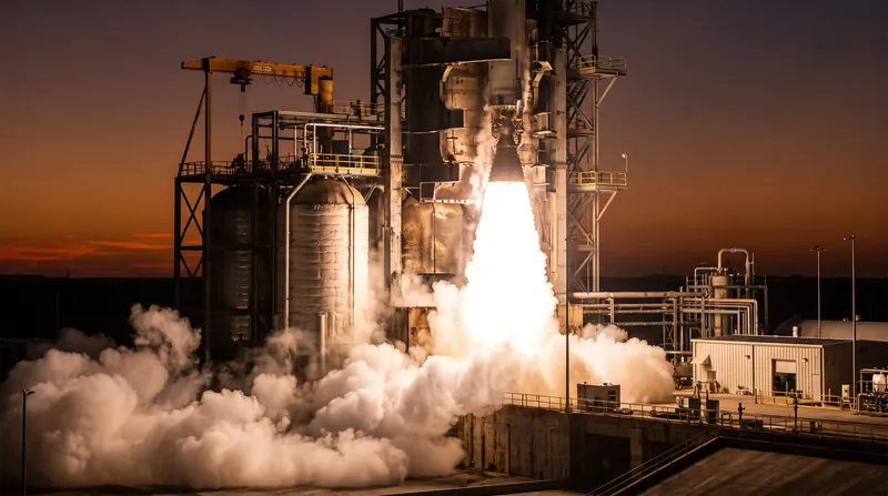A liquid rocket engine firing on a test stand, surrounded by white cryogenic vapor and a bright exhaust plume.