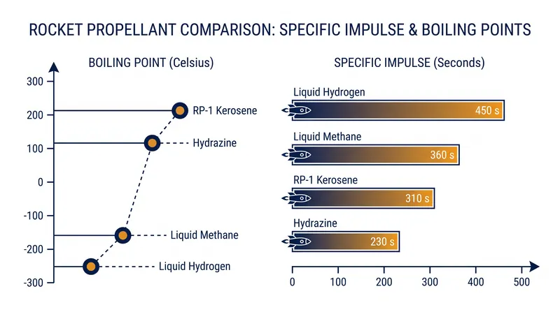 Liquid hydrogen offers the highest specific impulse but requires the most extreme thermal management.