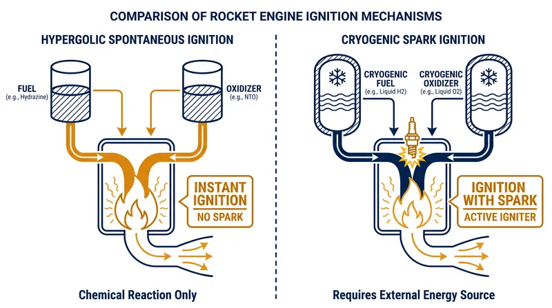 Hypergolic propellants ignite spontaneously upon contact, eliminating the need for complex ignition hardware.