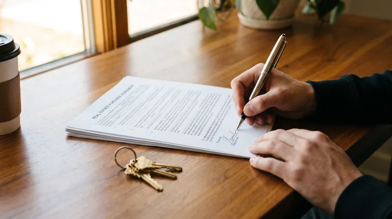 A person signing real estate closing documents at a wooden table with a pen.