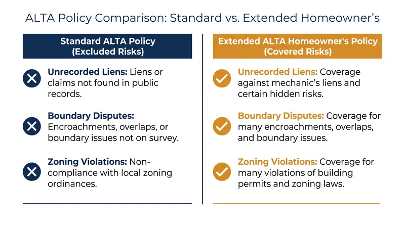 Extended coverage buys back protection against unrecorded risks that standard policies exclude.