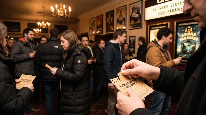 A crowded movie theater lobby where audience members are filling out small cardboard CinemaScore ballots.