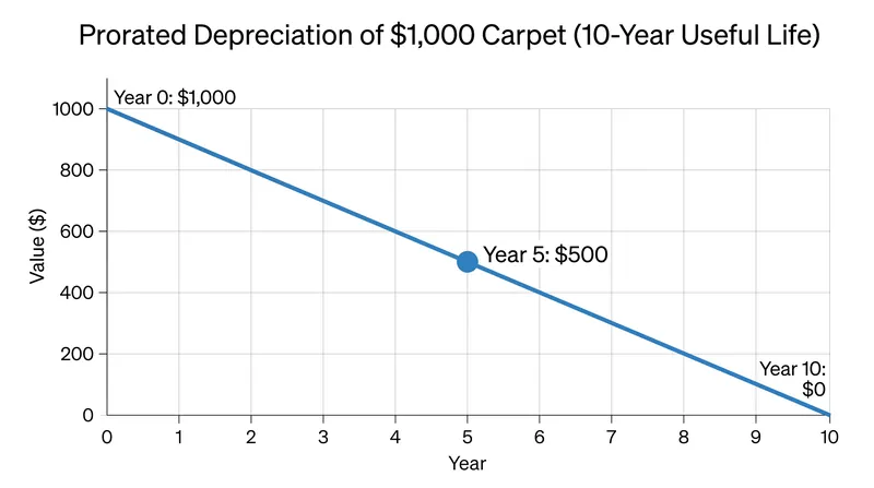 If a tenant ruins a five-year-old carpet with a ten-year useful life, they are only liable for the remaining 50 percent of its value.