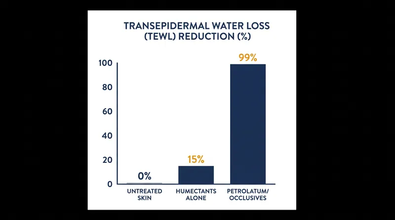 Occlusives like petrolatum can reduce transepidermal water loss by up to 99%, but they must be paired with humectants to provide actual hydration.