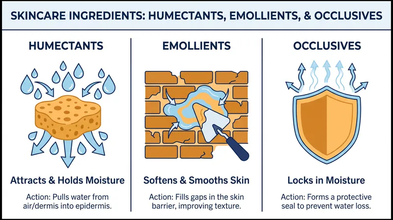 How the three classes of moisturizing ingredients interact with the skin barrier.