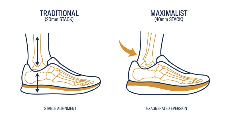 As stack height increases, the lengthened lever arm between the ground and the ankle joint amplifies rotational forces, driving greater foot eversion.