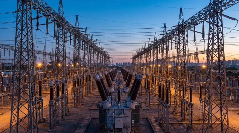 A large high-voltage electrical substation with metal towers, ceramic insulators, and power lines against a clear sky.