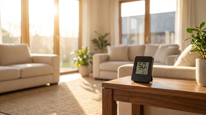 A digital hygrometer resting on a wooden table in a sunlit living room, displaying a 50 percent relative humidity reading.