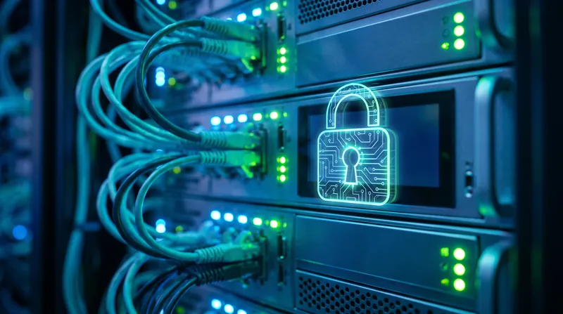 A brightly lit server rack in a data center with a glowing digital padlock icon overlaid on the hardware.