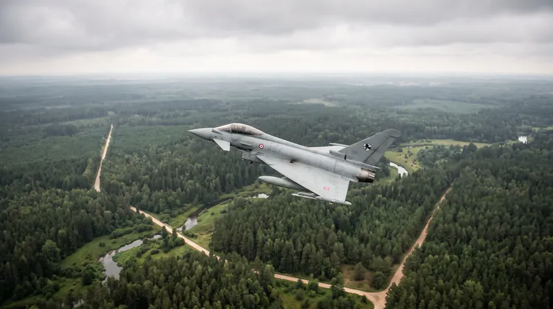 An Italian fighter jet flies over a dense green forest under an overcast sky.